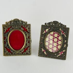 Two Vintage Ornate Italy Metal Victorian Photo Frames with Oval Glass Inserts